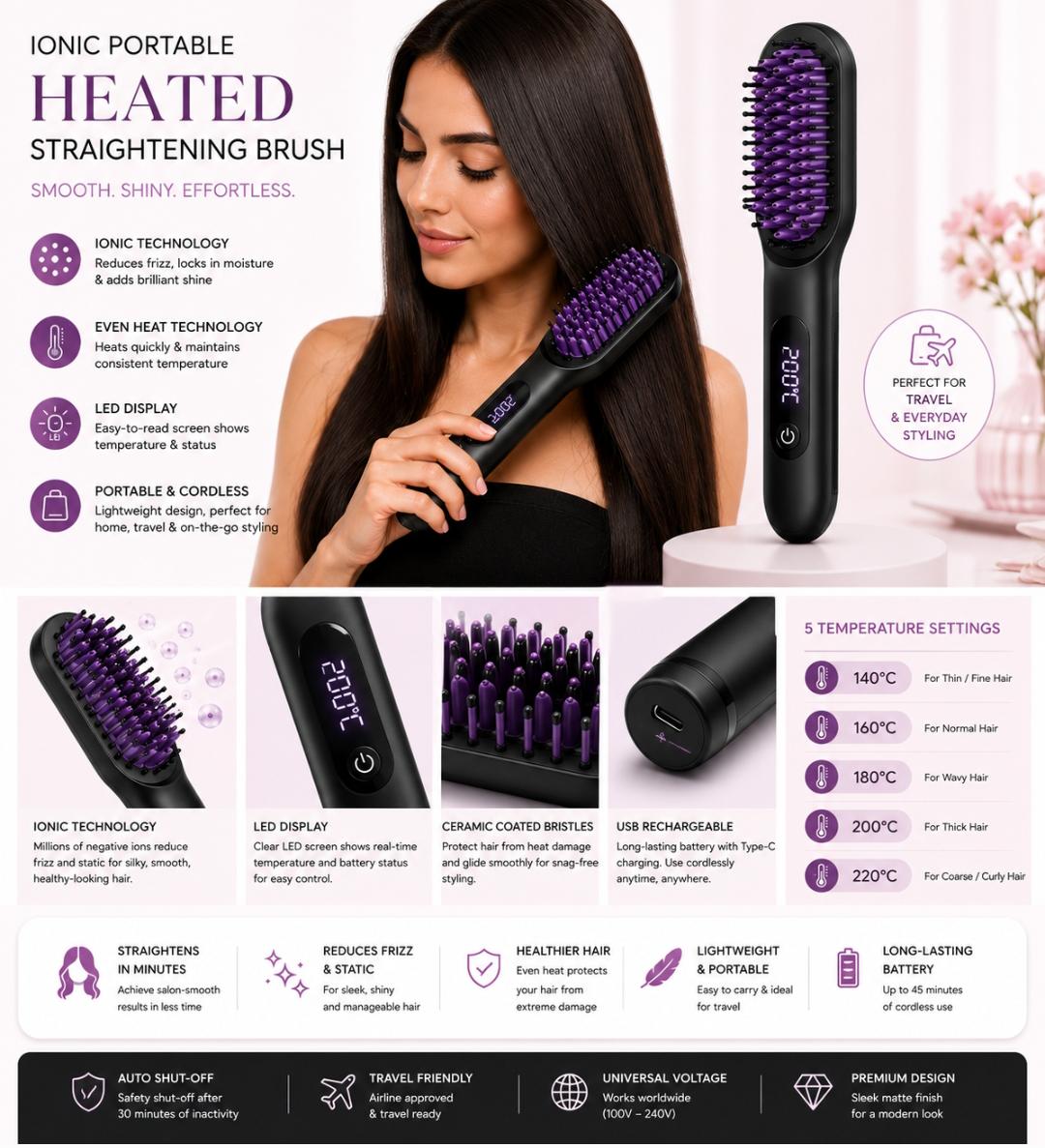 Ionic Portable Heated Straightening Brush with LED Display
